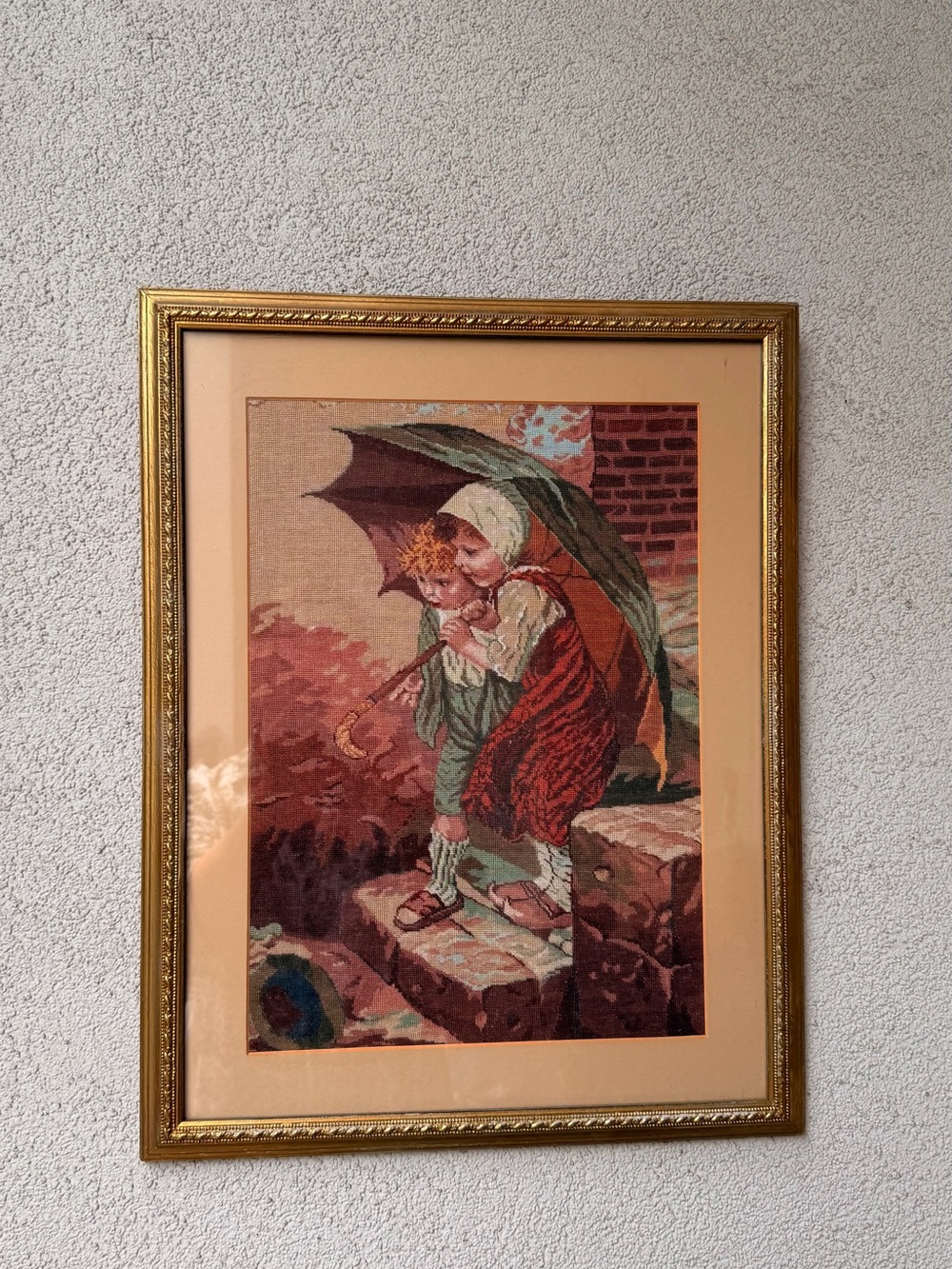 Hand Embroidered Framed Wall Art – Vintage Mother & Child Needlepoint, Gold Fram